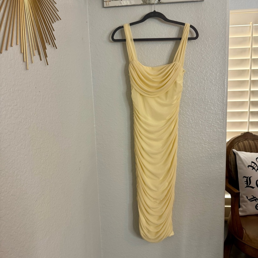 Chic Yellow Ruched Midi Dress - Picture 6 of 9